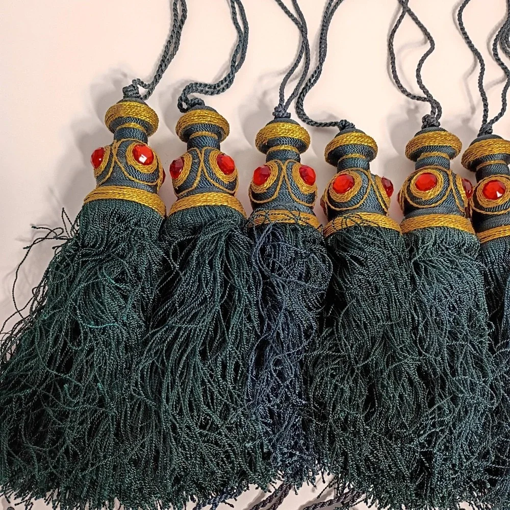 Dark Green Christmas Tassel Ornaments, Lot of 18, Red Gold Accents, Bohemian 7
